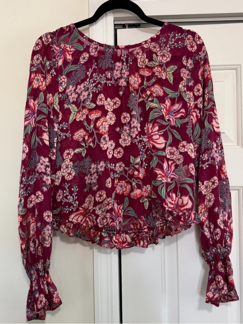 For Love & Lemons Burgundy Floral Long Sleeve Sheer Blouse Size Small